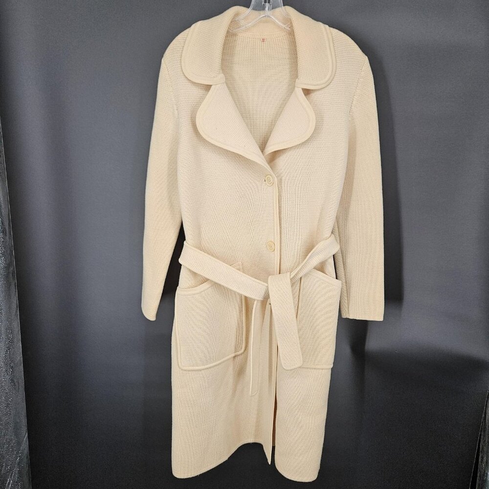 Vint Italian Virgin Wool Coat Jacket Sweater Women 10 Cream Knit Belt Italy 80s - Picture 1 of 13